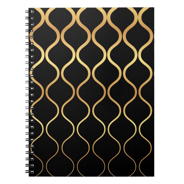 Black, gold, cool, trendy, retro abstract design notebook (Front)