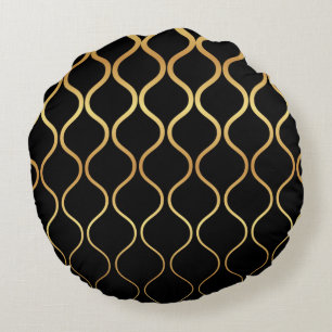 Black, gold, cool, trendy, retro abstract design round cushion