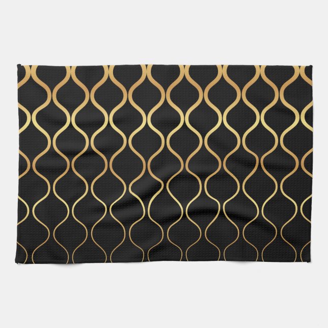 Black, gold, cool, trendy, retro abstract design tea towel (Horizontal)