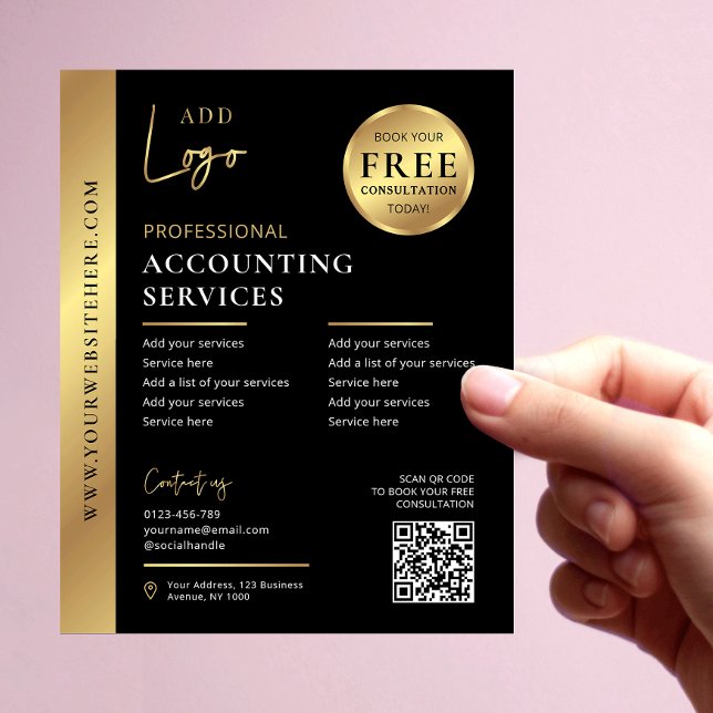Black & Gold Corporate Business QR Code Marketing Flyer (Modern business flyer in black and gold with QR code and your logo)