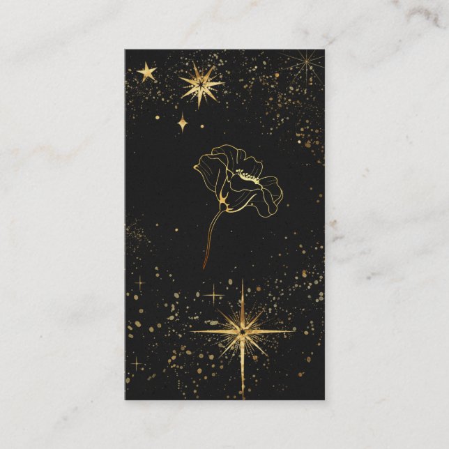 *~* Black Gold Cosmic Stars Mystic Flower Business Card (Front)