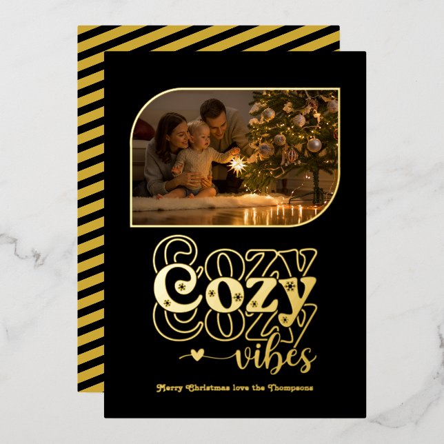 Black & Gold Cosy Vibes Retro Christmas Photo Foil Holiday Card (Front/Back)