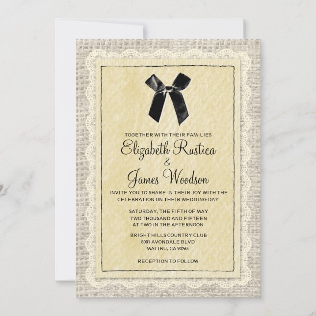 Black & Gold Country Burlap Wedding Invitations (Front)