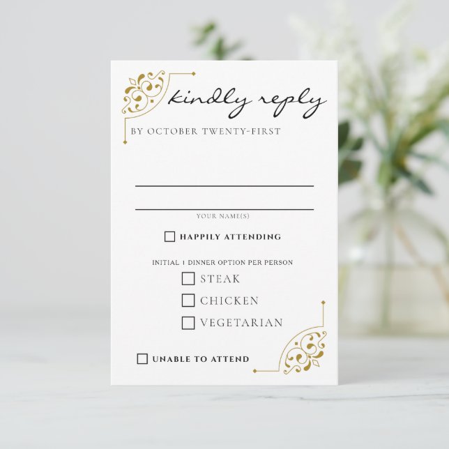 Black & Gold Country Wedding Food Choices RSVP Card (Standing Front)