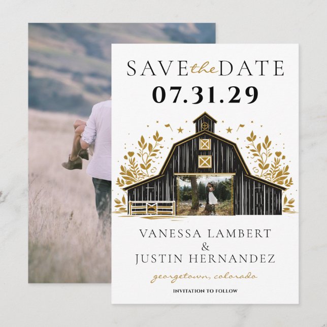 Black & Gold Country Wedding Save The Date (Front/Back)