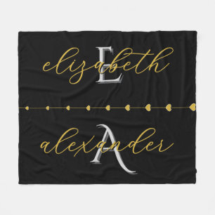 Black Gold Couple Initials Personalised Names Gift Fleece Blanket