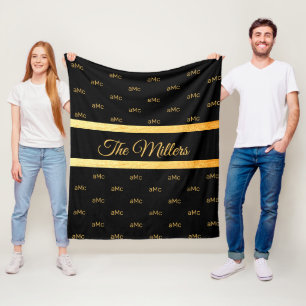 Black gold couple monogram pattern elegant  fleece blanket
