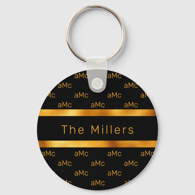 Black gold couple monogram pattern elegant key ring (Front)
