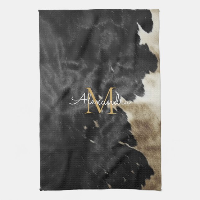 Black Gold Cowboy Cowgirl Cowhide Monogram  Tea Towel (Vertical)