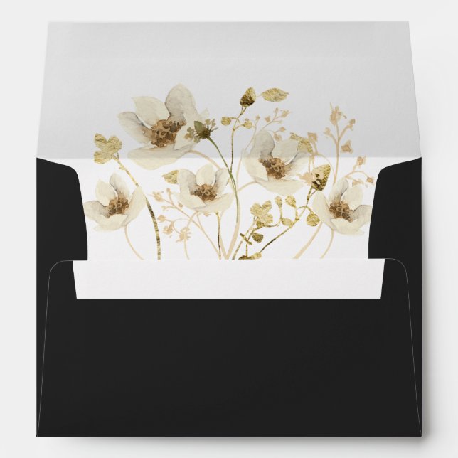 Black Gold Cream Floral Wedding Return Address Envelope (Back (Bottom))