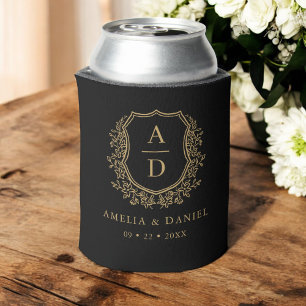 Black Gold Crest Modern Monogram Wedding Can Cooler