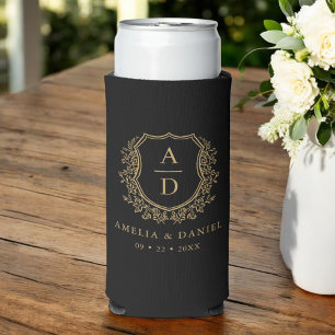 Black Gold Crest Modern Monogram Wedding Seltzer Can Cooler