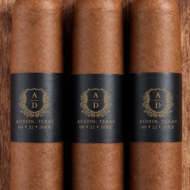 Black Gold Crest Monogram Wedding Cigar Band (Creator Uploaded)