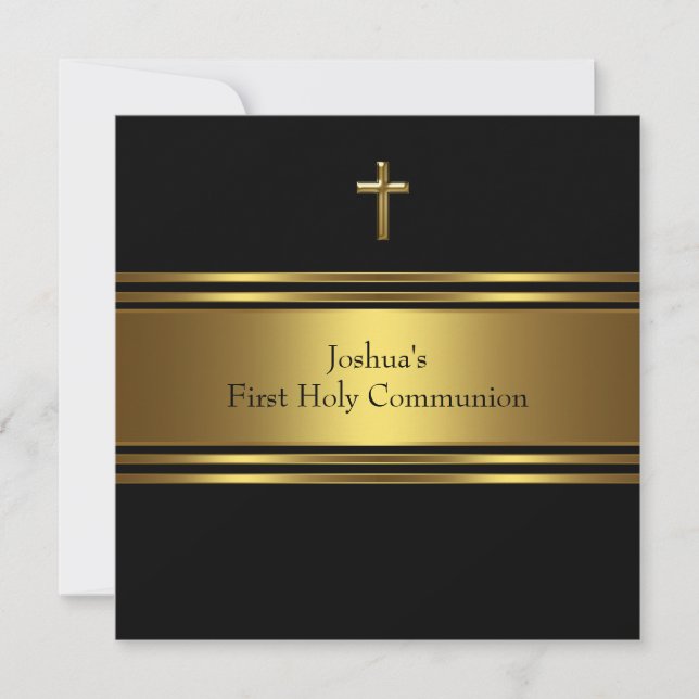 Black Gold Cross Boys First Communion Invitation (Front)