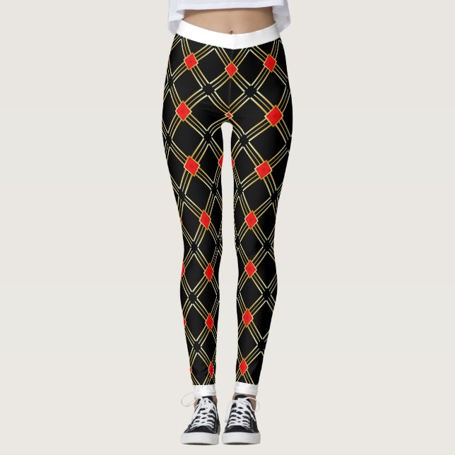 Black Gold Cross Stripes Pattern Leggings (Front)