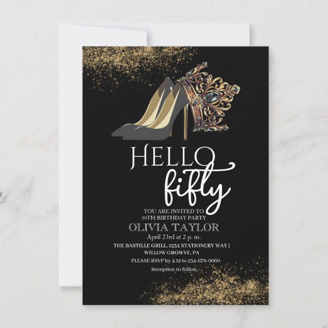  Black Gold Crown 50th Birthday Invitation (Front)