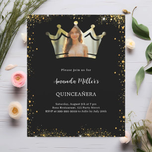 Black gold crown photo Quinceanera invitation
