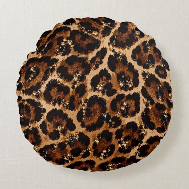 Black & Gold Crystal Tiger Pattern Round Cushion (Front)