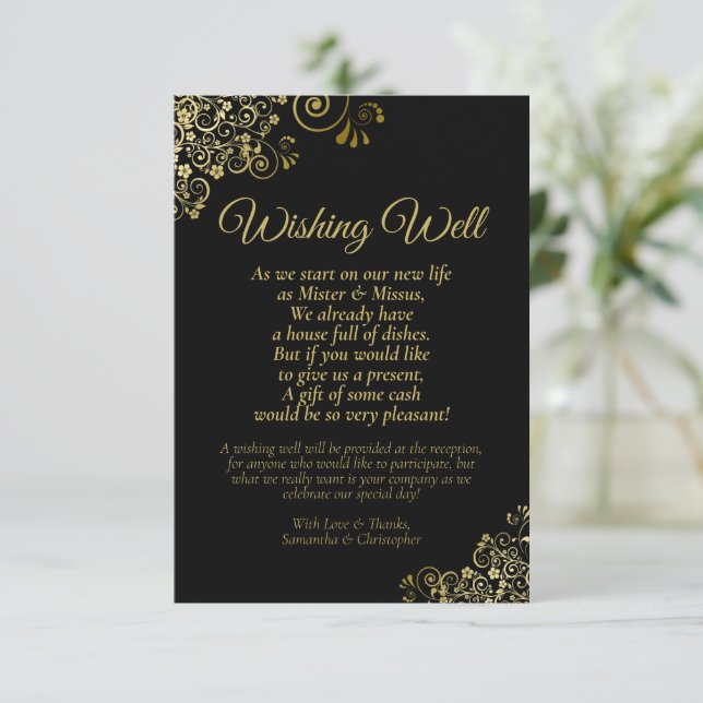 Black & Gold Curls Wedding Wishing Well Poem Enclosure Card (Standing Front)