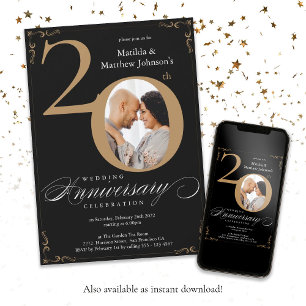 Black Gold Custom 20th Wedding Anniversary  Invitation