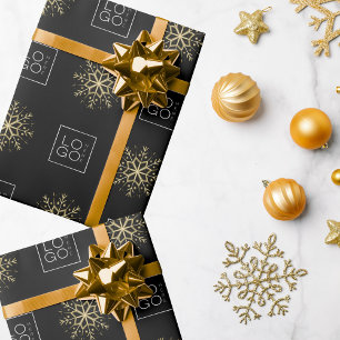 Black & Gold Custom Business Logo Snowflake Gift Wrapping Paper