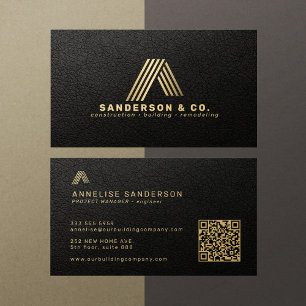 Black gold custom logo QR building construction Business Card
