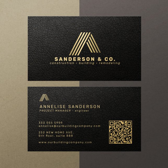 Black gold custom logo QR building construction Business Card (Creator Uploaded)