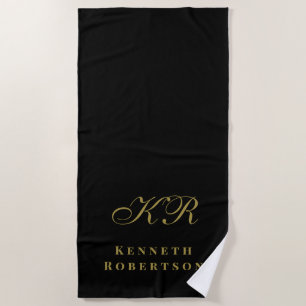 Black Gold Custom Monogram Minimalist Elegant Men Beach Towel