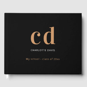 Black gold custom monogram name modern minimalist guest book