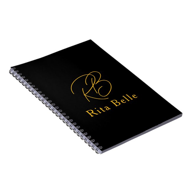 Black Gold Custom Name Elegant Spiral Notebook (Right Side)
