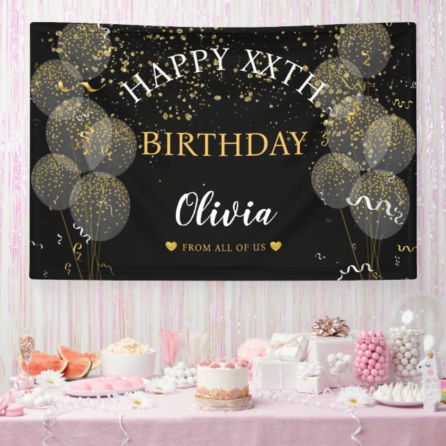 Black & Gold Custom Party Personalised Birthday  Banner (Party)