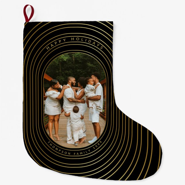 Black Gold Custom Photo Family Christmas Large Christmas Stocking (Front)