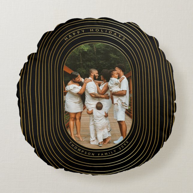 Black Gold Custom Photo Family Christmas Round Cushion (Front)