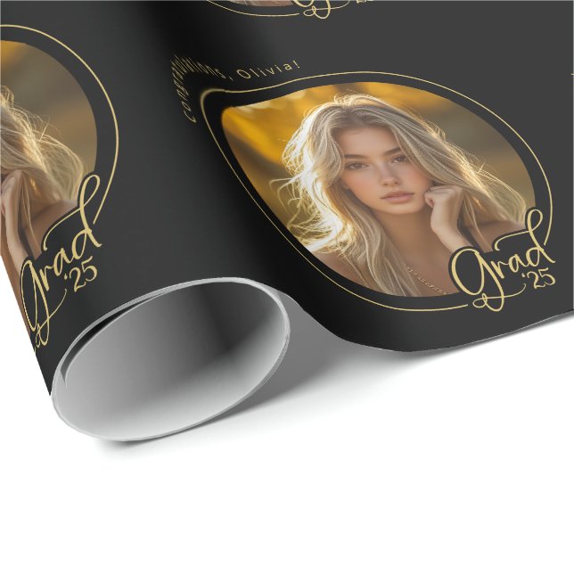 Black Gold Custom Photo Modern Grad Graduation Wrapping Paper (Roll Corner)