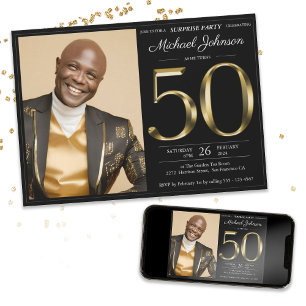 Black Gold Custom Photo Surprise 50th Birthday Invitation