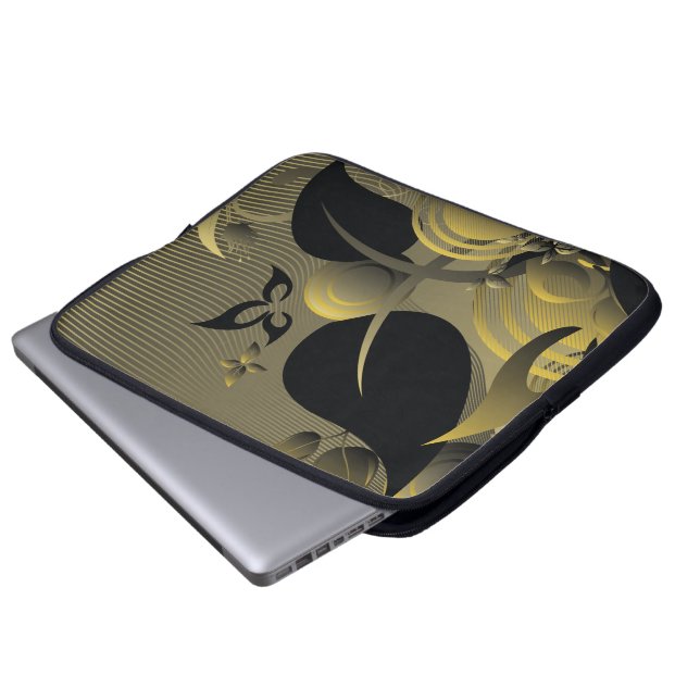 Black & Gold Cute Cool Girly Retro Floral Laptop Sleeve (Front Bottom)