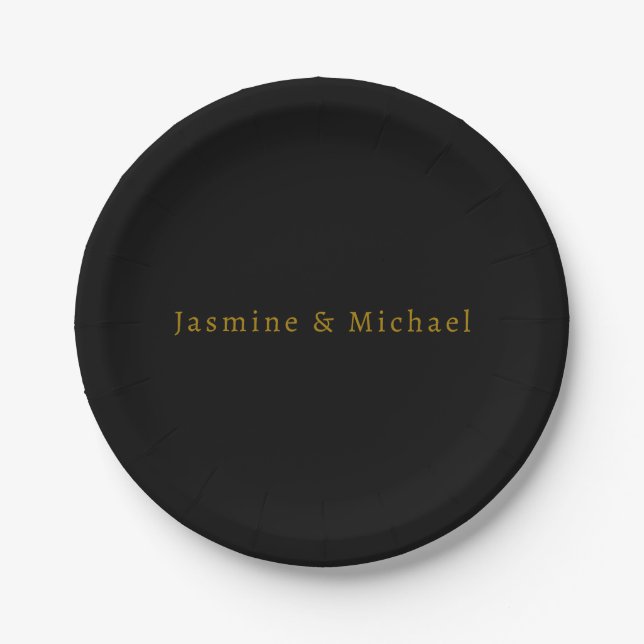 Black & Gold Cute Minimalist Own Name Paper Plate (Front)