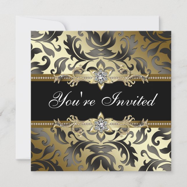 Black Gold Damask All Occasion Party Invitations (Front)