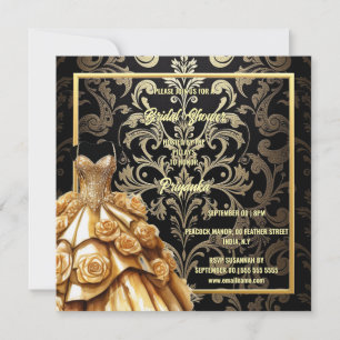 Black gold damask ballgown rose flowers bridal holiday card