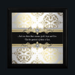 Black Gold Damask Bible Verse Gift Box<br><div class="desc">Black damask keepsake gift box. Black gold keepsake gift boxes. Elegant black gift boxes. Black damask gold gift boxes. Black gold jewellery box. Bible verse gifts. Religious gifts. Beautiful black & gold damask with customisable bible verse on the front. Beautiful as is, or you can add your details to the...</div>
