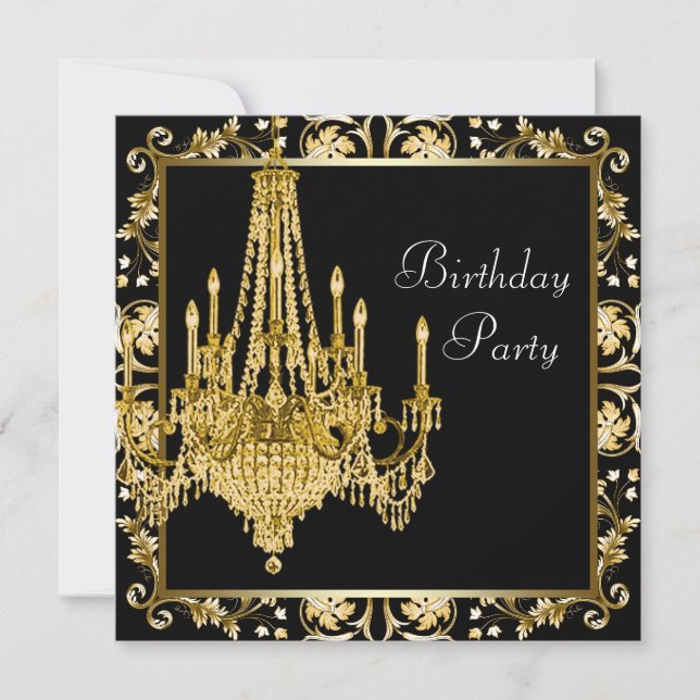 Black Gold Damask Chandelier Birthday Party Invitation (Front)