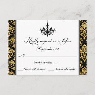 Black, Gold Damask, Chandelier Reply Card