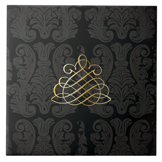 Black gold Damask Classy Royal Style Tile (Front)