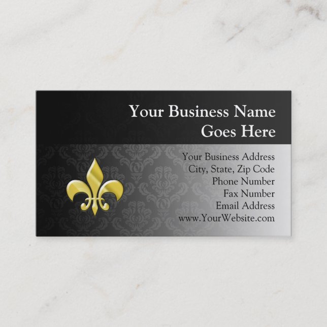 Black/Gold Damask Fleur de Lis Business Card (Front)