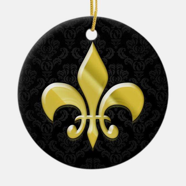 Black/Gold Damask Fleur de Lis Ceramic Tree Decoration (Front)