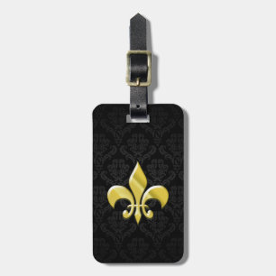 Black/Gold Damask Fleur de Lis Luggage Tag