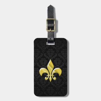 Black/Gold Damask Fleur de Lis Luggage Tag