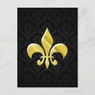 Black/Gold Damask Fleur de Lis Postcard