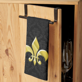 Black/Gold Damask Fleur de Lis Tea Towel