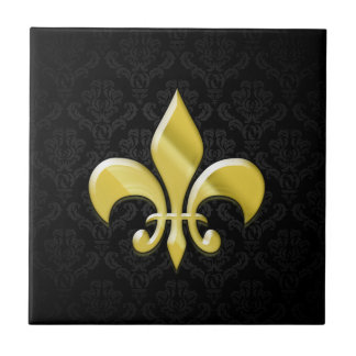 Black/Gold Damask Fleur de Lis Tile